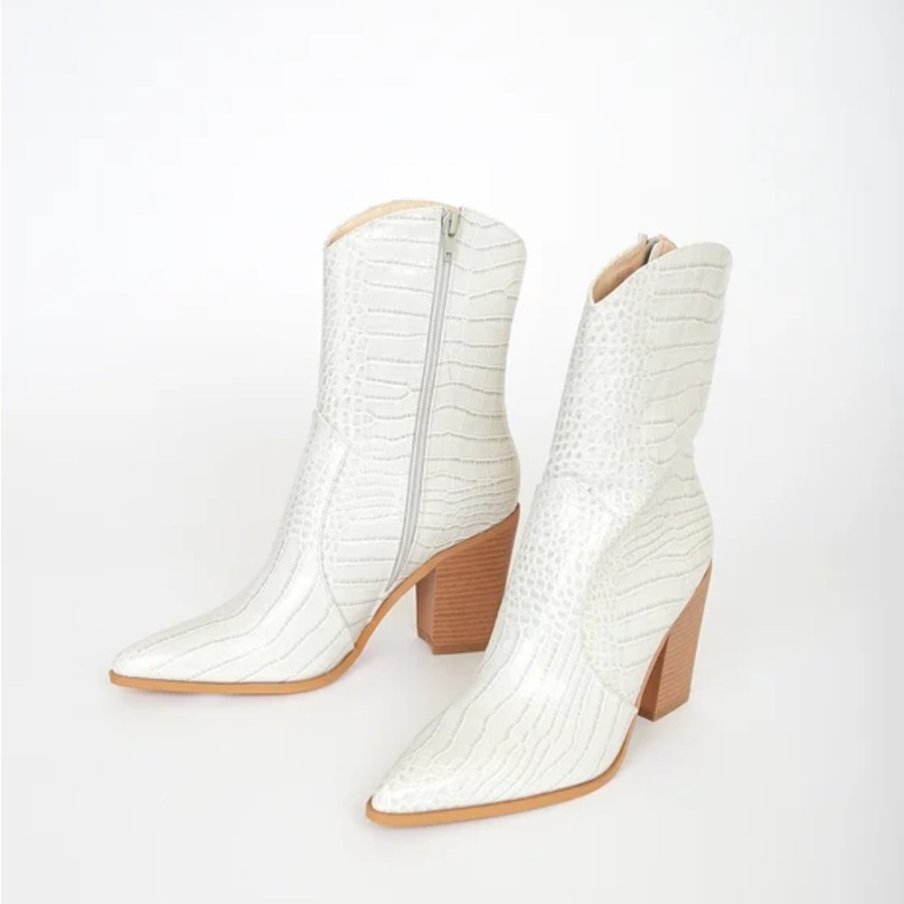 Lulus Eleora Bone Crocodile-Embossed Mid-Calf High Heel Boots - Picture 2 of 9